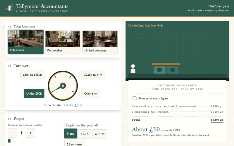 Screenshot of the accountancy fee builder demo showing a monthly fee and scope