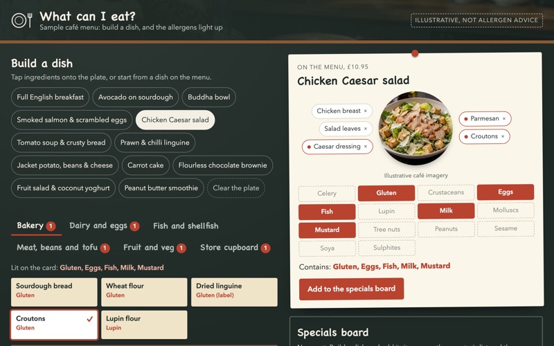 Screenshot of the allergen checker demo filtering a café menu