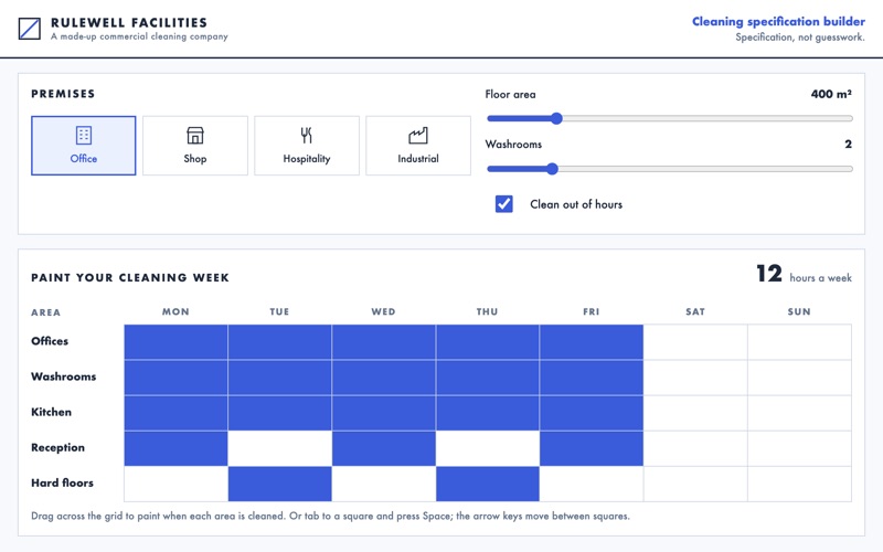 Screenshot of the cleaning specification builder demo showing a week grid painted in blue