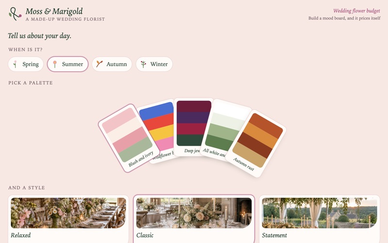 Screenshot of the wedding flower budget demo showing a palette fan and a drawn wedding scene