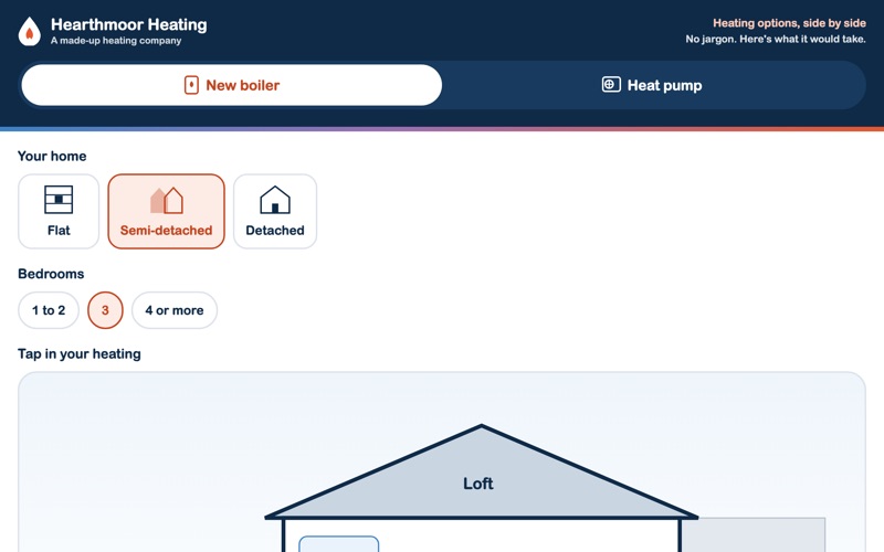 Screenshot of the heating demo showing a cut-through house and a boiler or heat pump switch