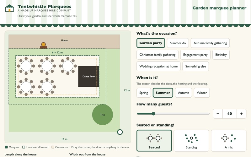Screenshot of the garden marquee planner demo showing a marquee drawn to scale in a garden