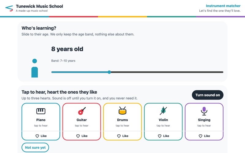 Screenshot of the instrument matcher demo showing a slider for the learner's age and a wall of five instrument cards