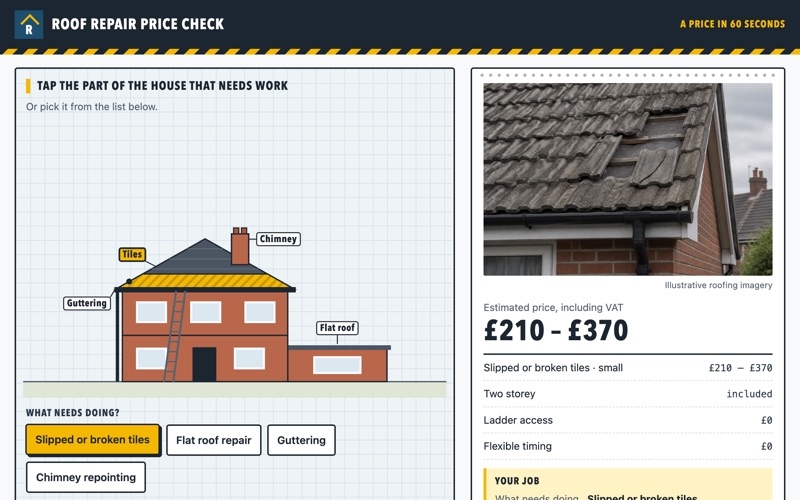 Screenshot of the roofing quote calculator demo showing a price range