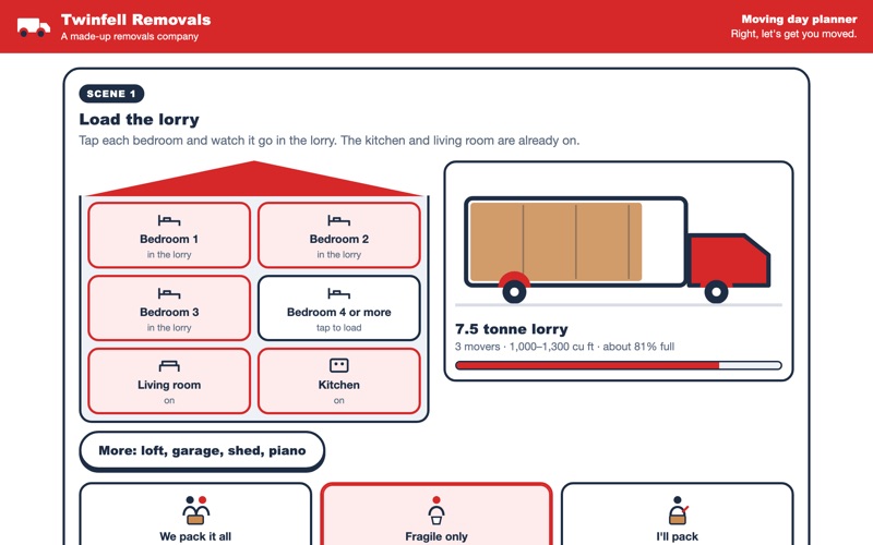 Screenshot of the moving day planner demo showing a house of rooms beside a lorry filling up