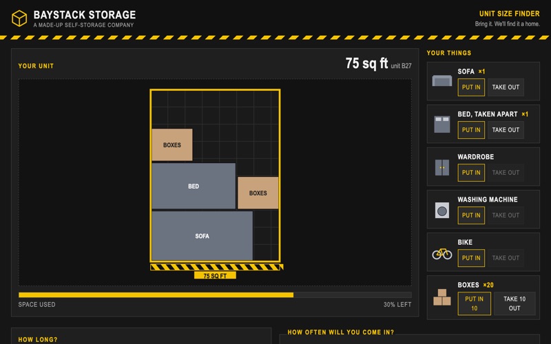 Screenshot of the unit size finder demo showing a floor plan with furniture and boxes