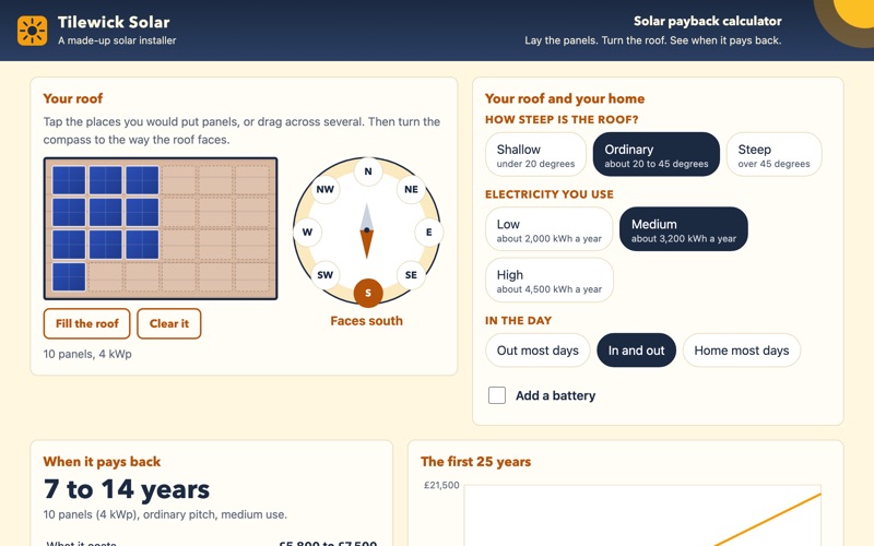 Screenshot of the solar payback calculator demo showing a tiled roof with panels laid on it beside a compass