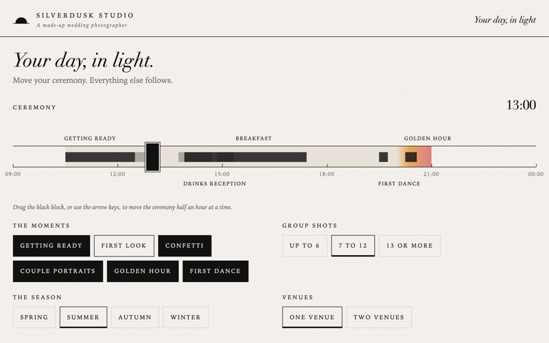 Screenshot of the wedding day timeline builder demo showing a day's timeline with a golden hour glow