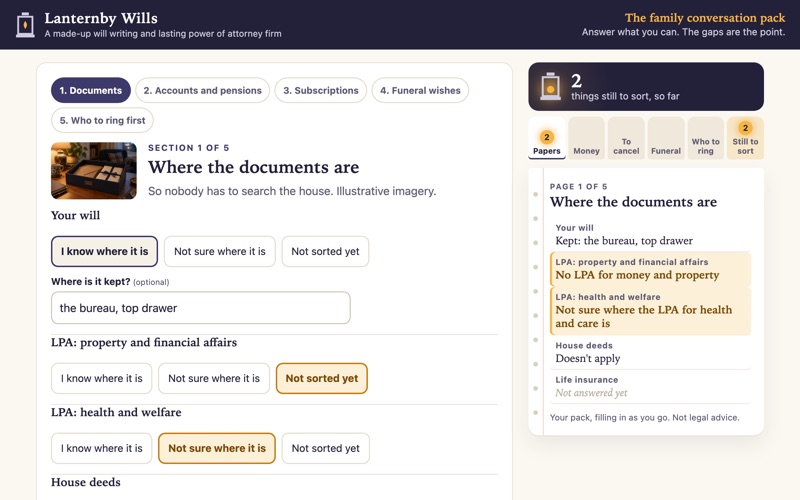 Screenshot of the family conversation pack demo showing questions beside a pack whose pages fill in, with gaps glowing amber
