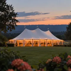 A wedding marquee lit with warm lights at dusk