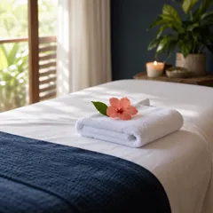 A calm treatment room with a couch in white linen