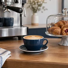 A café counter with a coffee machine and pastries
