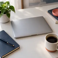 A tidy desk with a laptop, a notebook and a coffee