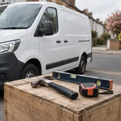 A work van beside a hammer, a spirit level and a tape measure