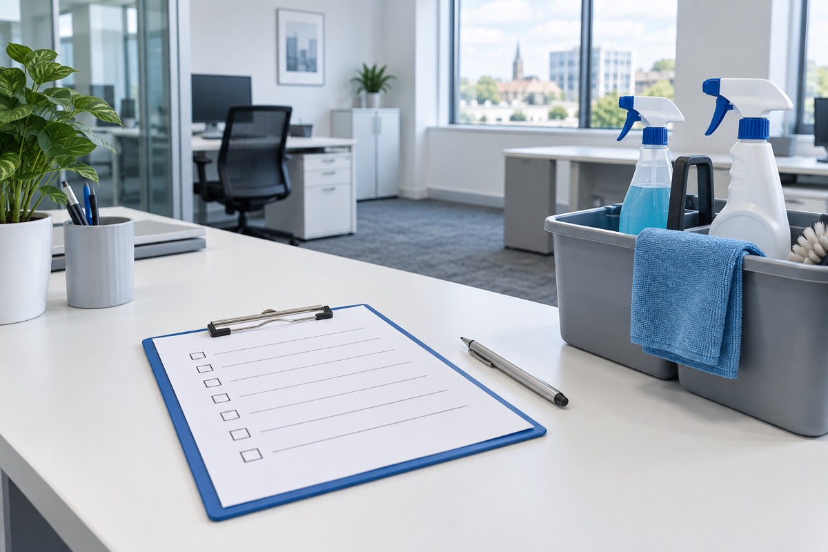 A clipboard with a blank checklist on an office desk