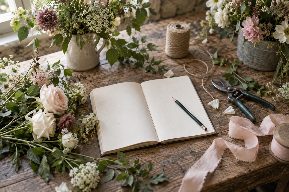 A florist's workbench with an open diary