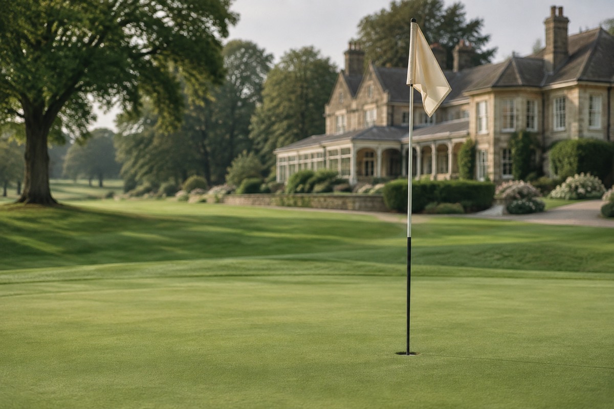 The eighteenth green, with a cream flag and the clubhouse behind