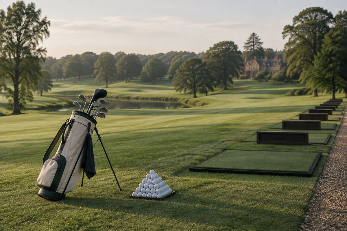 The practice ground, with a bag of clubs and a pyramid of balls