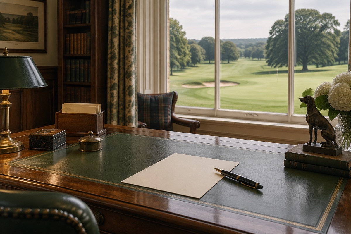 A clubhouse desk with a blank cream letter and a fountain pen