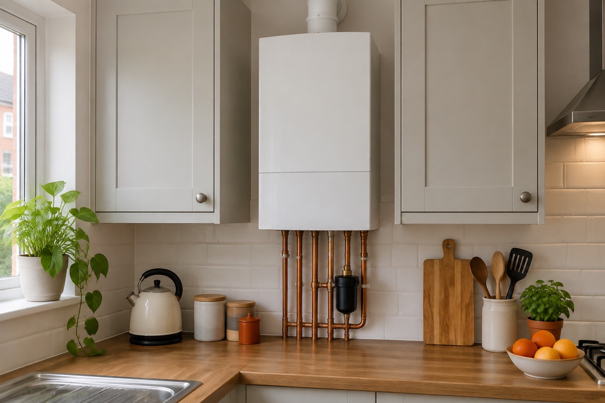 A new boiler on a kitchen wall