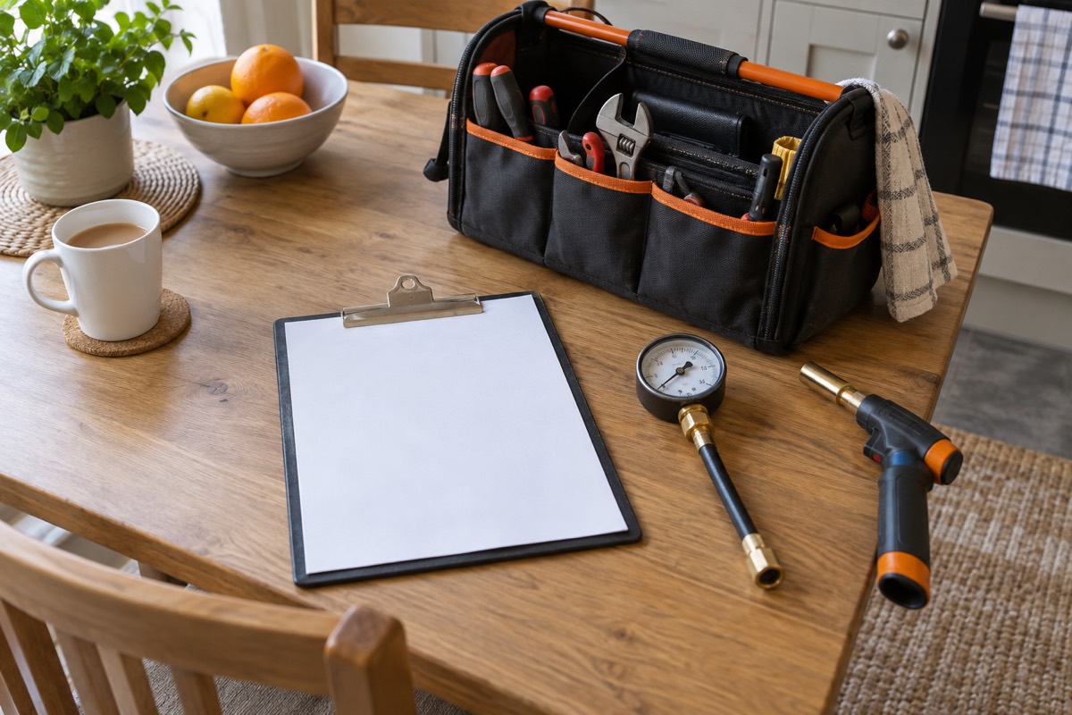 An engineer's clipboard and tools on a kitchen table