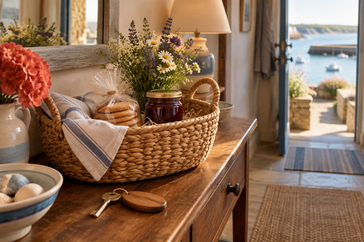A woven welcome basket with biscuits, jam and wildflowers beside a brass key on a hall table
