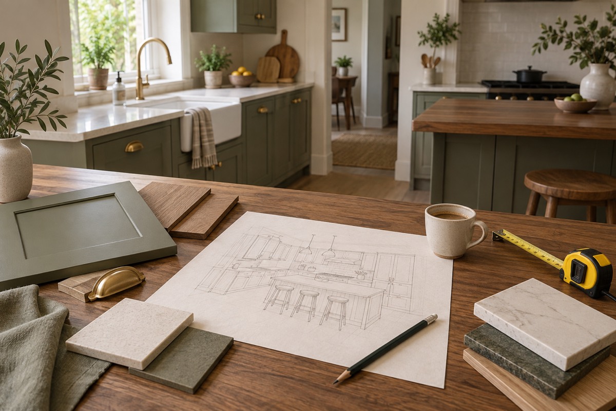 A designer's desk with a kitchen sketch and samples
