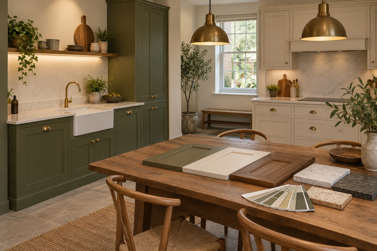 The showroom's design table, with door samples and worktops