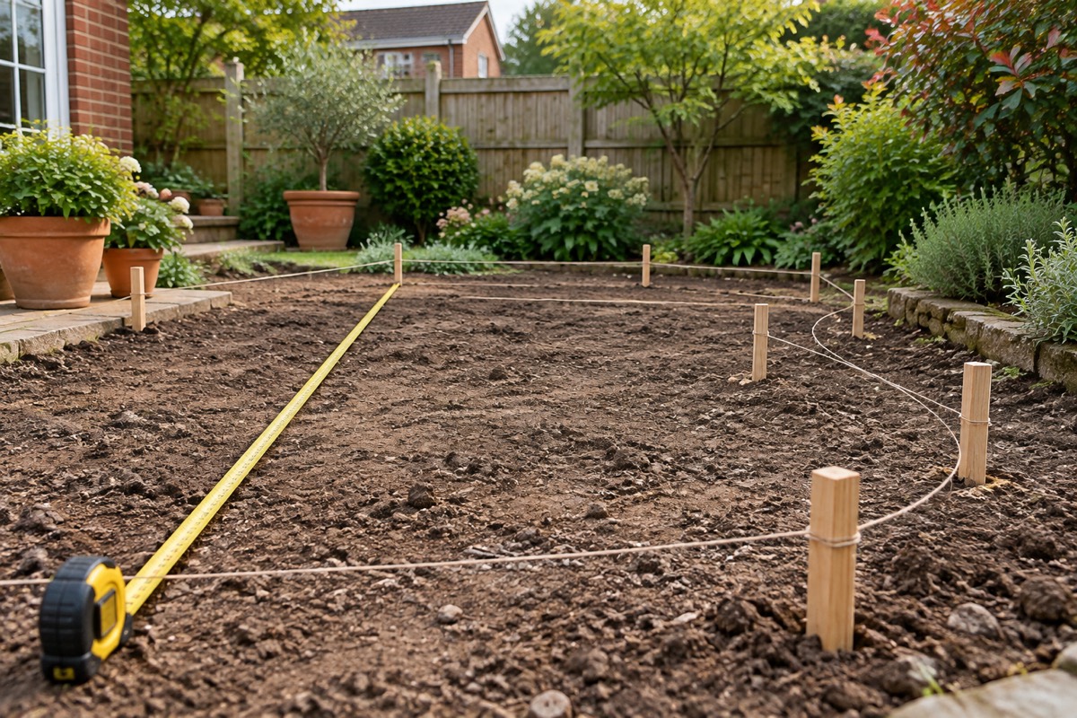 A tape measure and marker pegs with string laid out on bare soil in a back garden