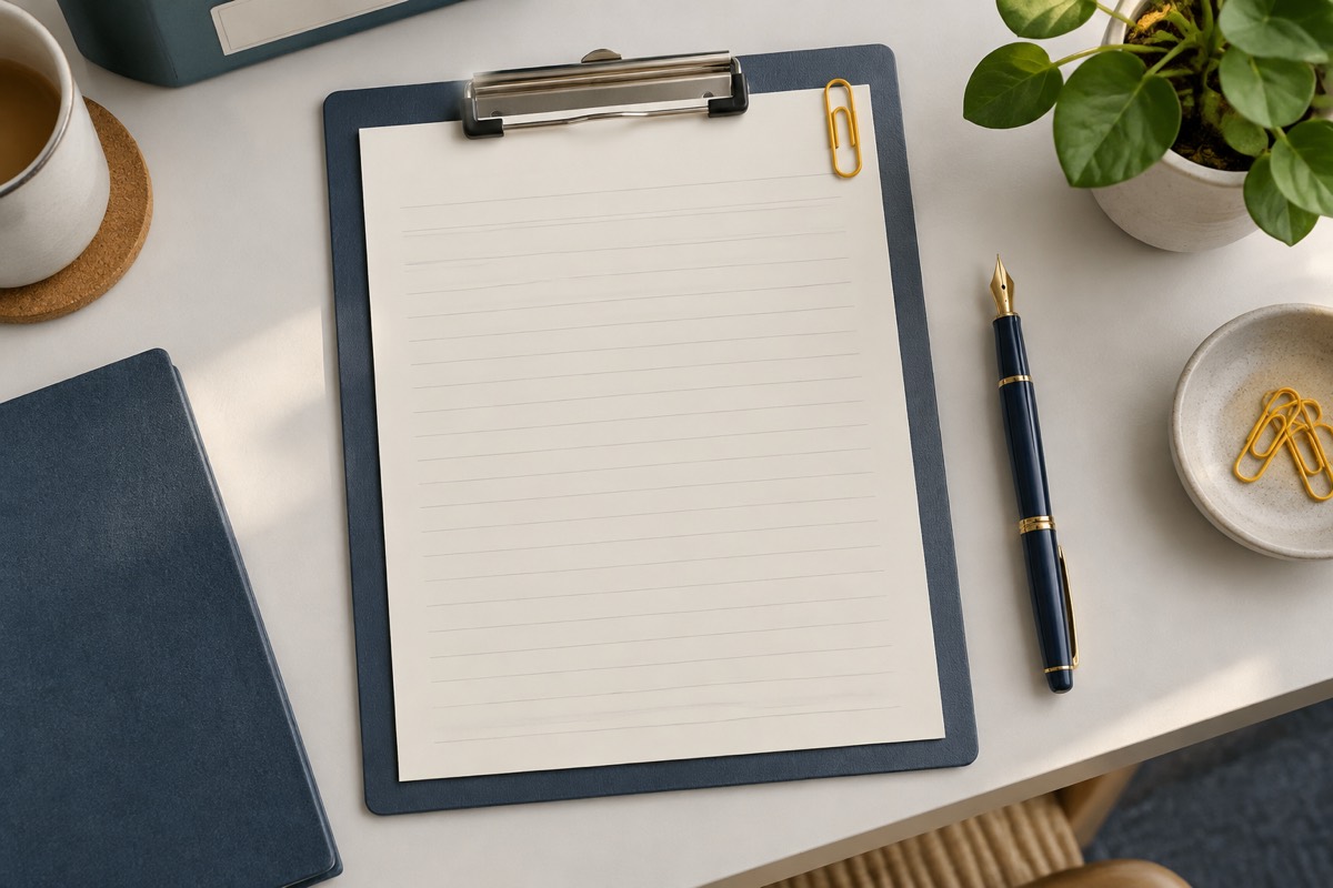 A blank ruled handover note on a clipboard, beside a fountain pen