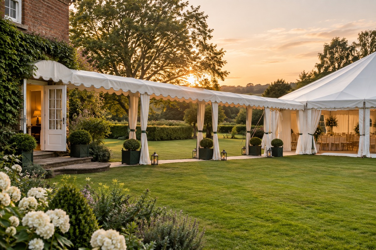 A covered walkway from the back door of a house across the lawn to a marquee