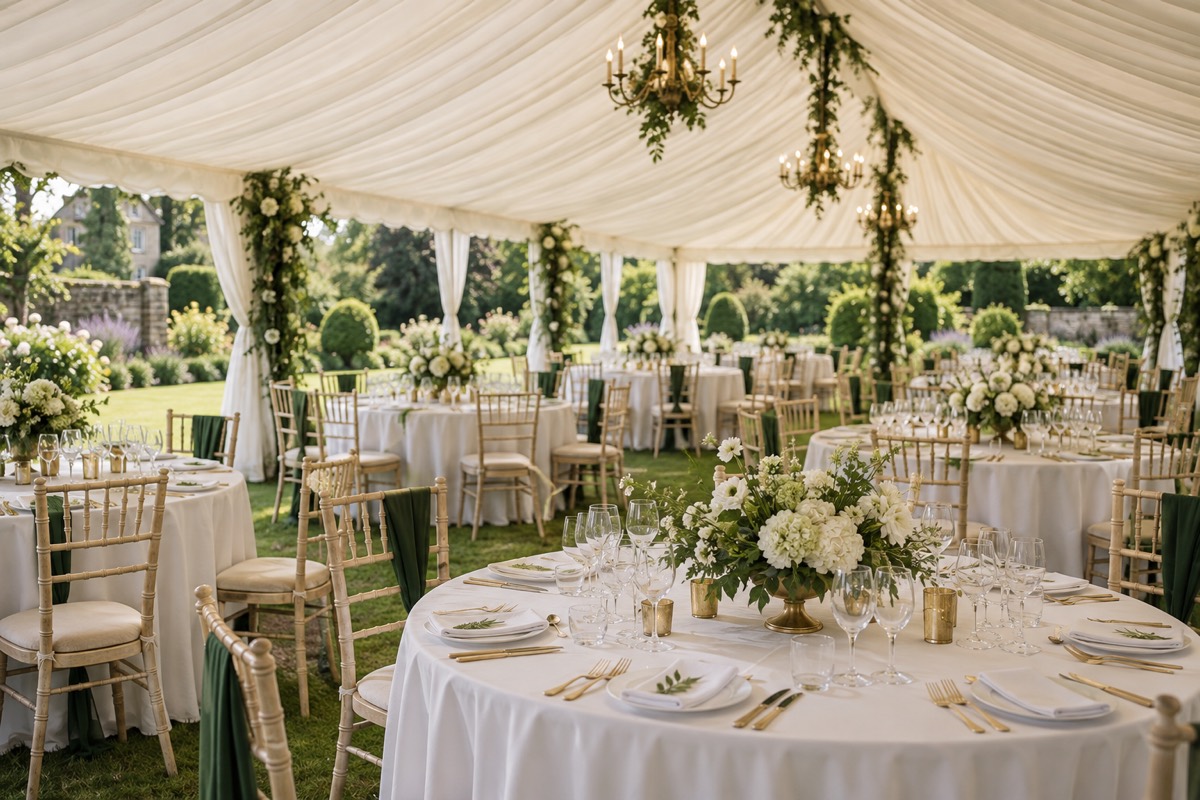 A marquee laid for a seated dinner, round tables with white cloths under a lined roof