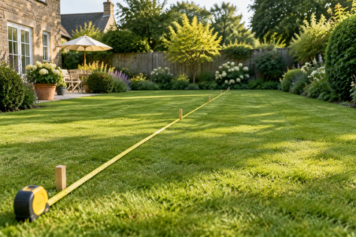 A tape measure laid out across a garden lawn, with wooden marker pegs