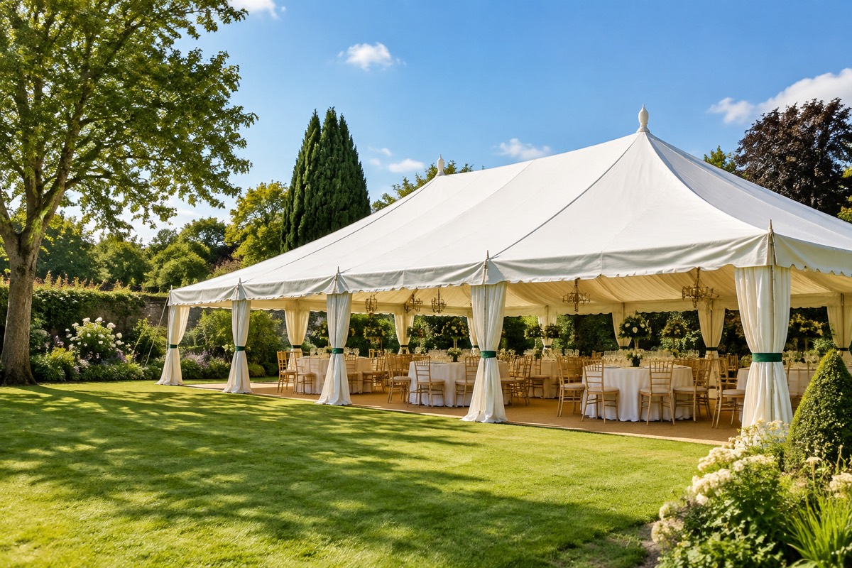 A white marquee on a sunny lawn with its sides open