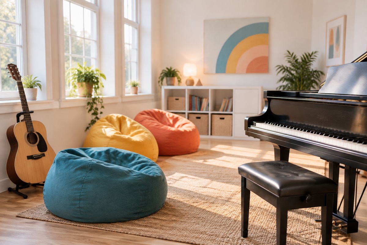 A bright, empty music teaching room with a piano, a guitar and beanbags