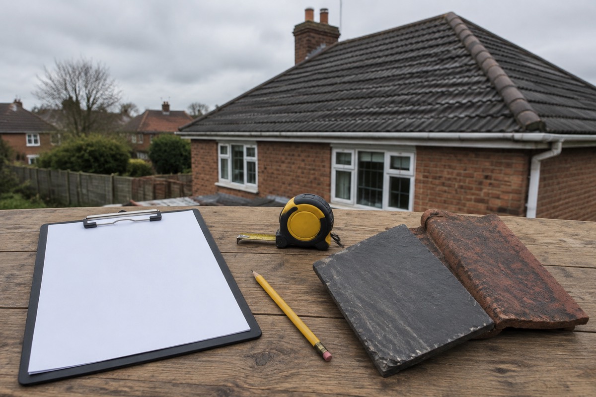 An estimator's clipboard, a tape measure and two roof tiles on a table