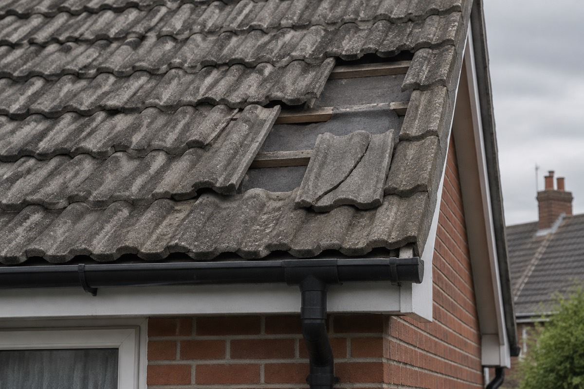 A pitched roof with slipped and cracked tiles