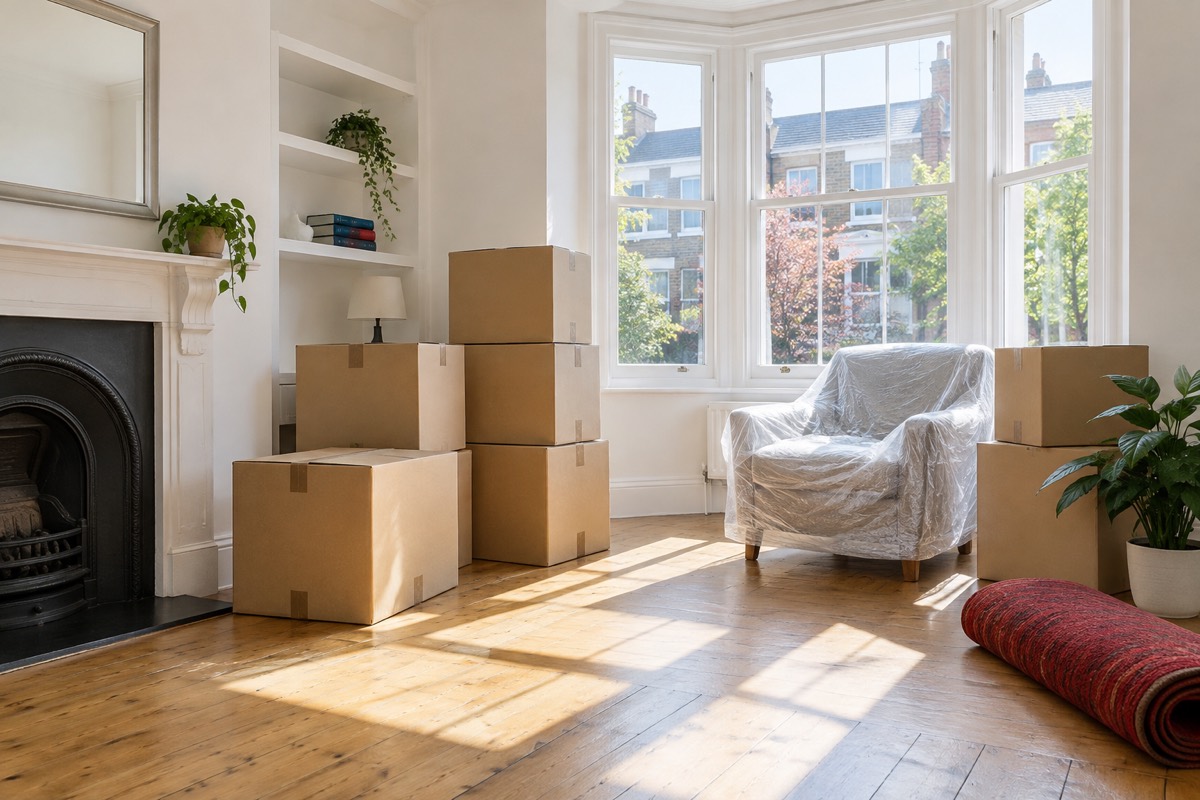 Packed boxes and a wrapped armchair in an empty room