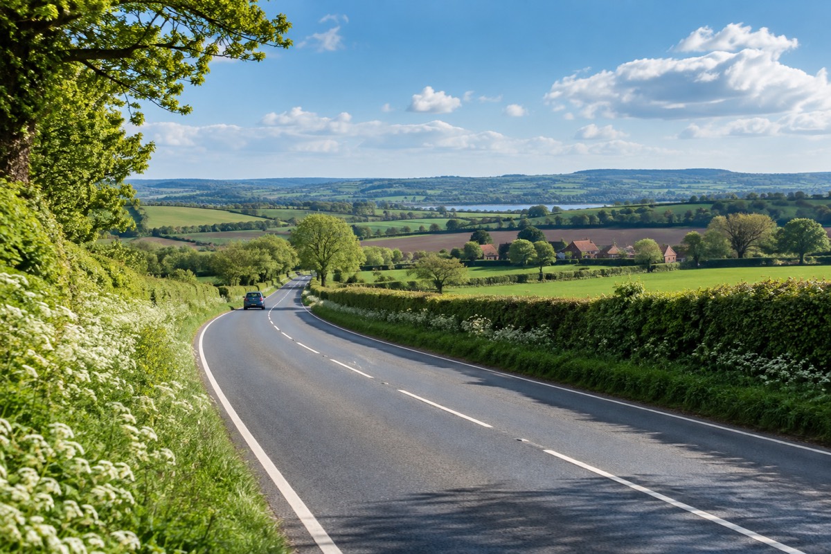 A country road winding between fields