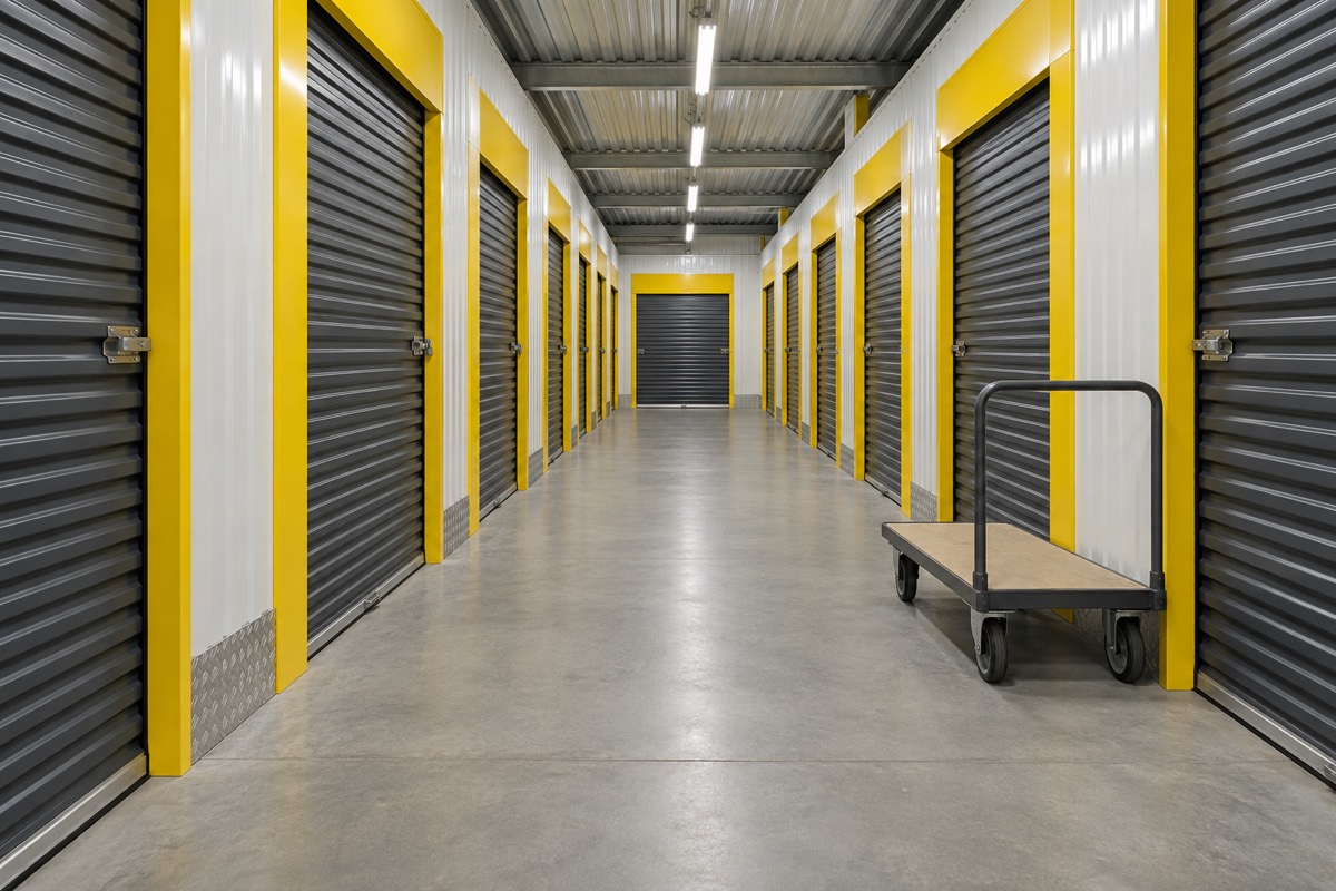 A corridor of storage units