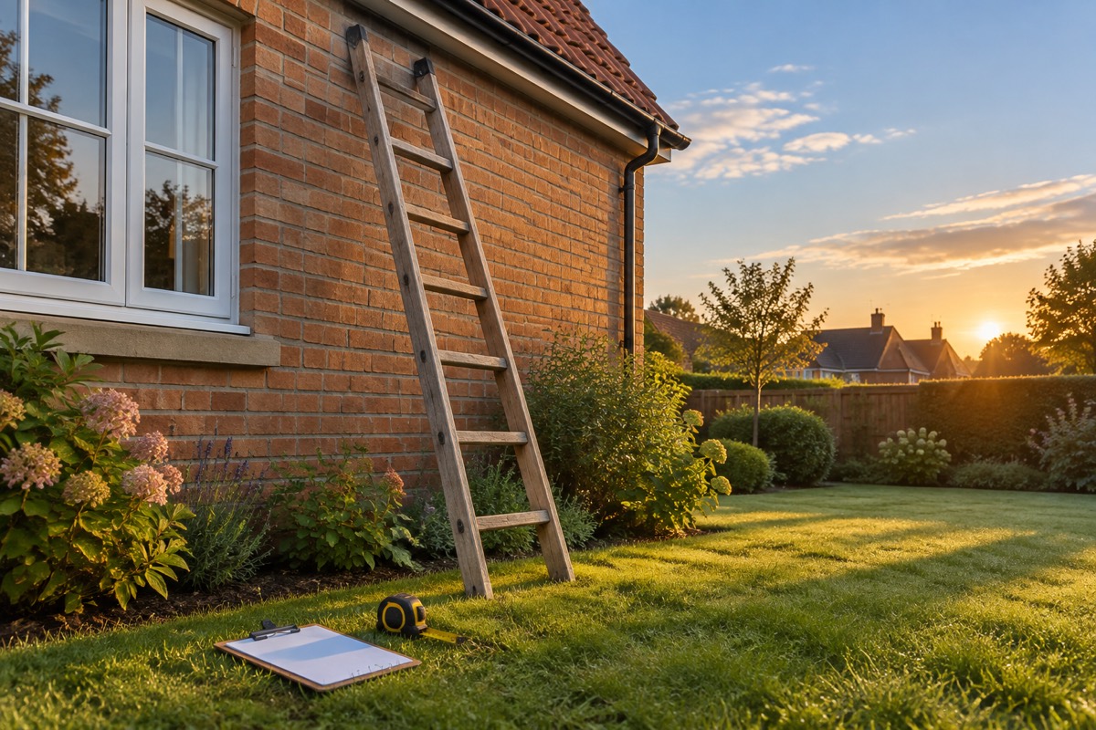 A wooden ladder against a brick wall below a tiled roof, with a clipboard and tape measure on the lawn