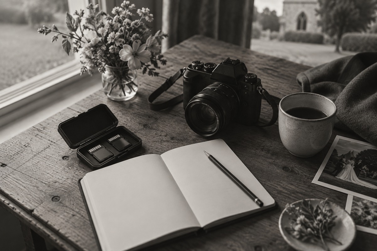 A camera and a blank notebook on a desk