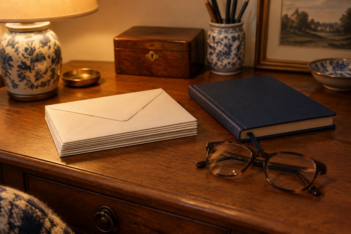 Plain envelopes, a notebook and reading glasses on a wooden bureau