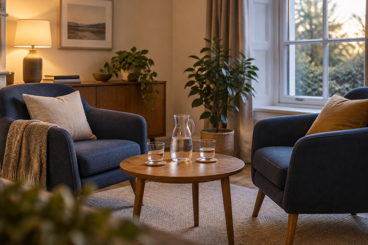 A calm meeting room with two armchairs and a jug of water