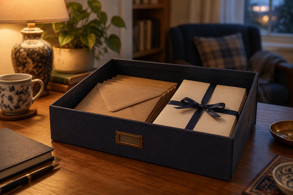 A tidy box file of envelopes on a desk in lamplight