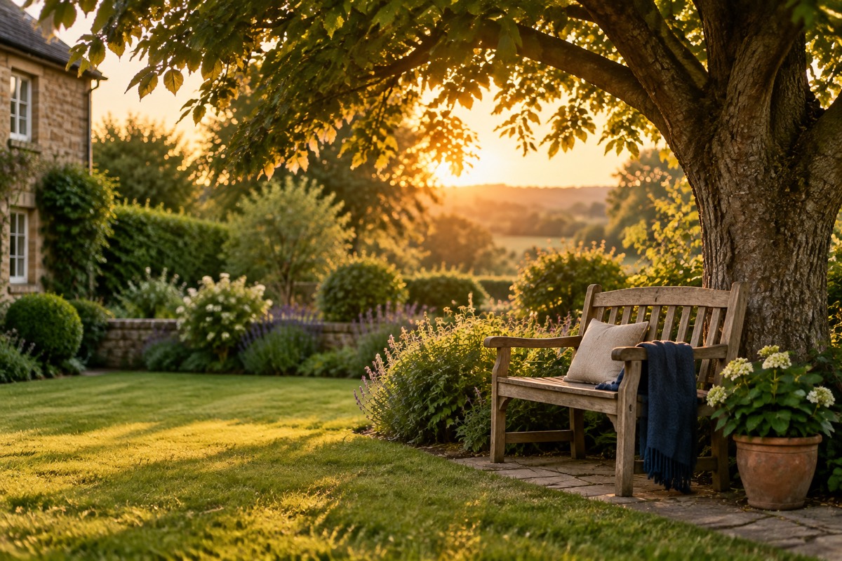 A wooden garden bench under a tree in the evening sun