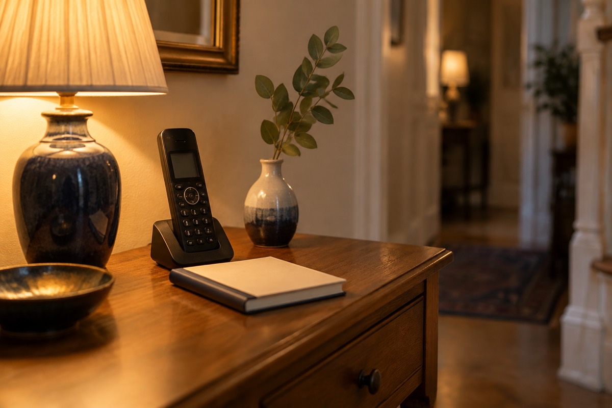 A cordless telephone and a small address book on a hall table