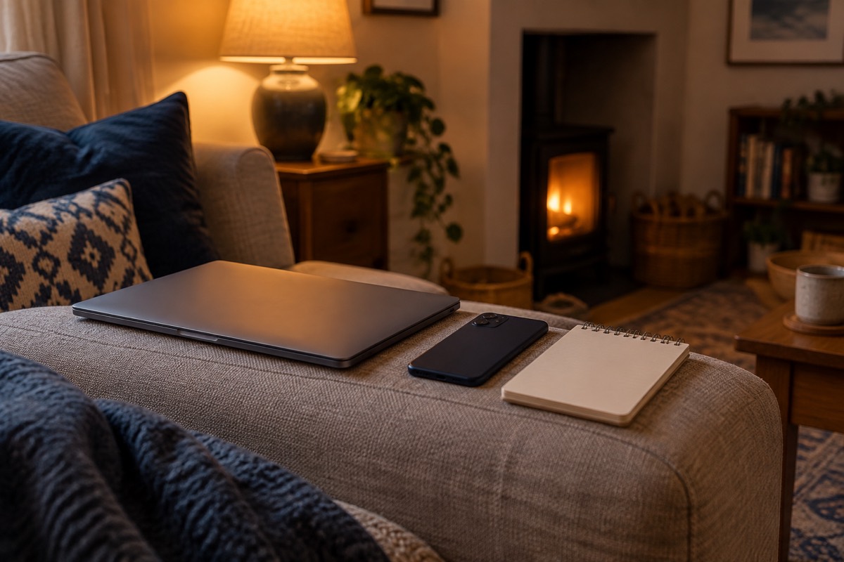 A closed laptop, a phone and a notepad on the arm of a sofa by a fire