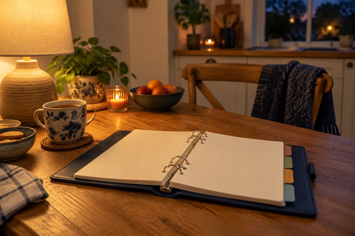 A kitchen table in lamplight with an open ring binder, coloured divider tabs and a cup of tea