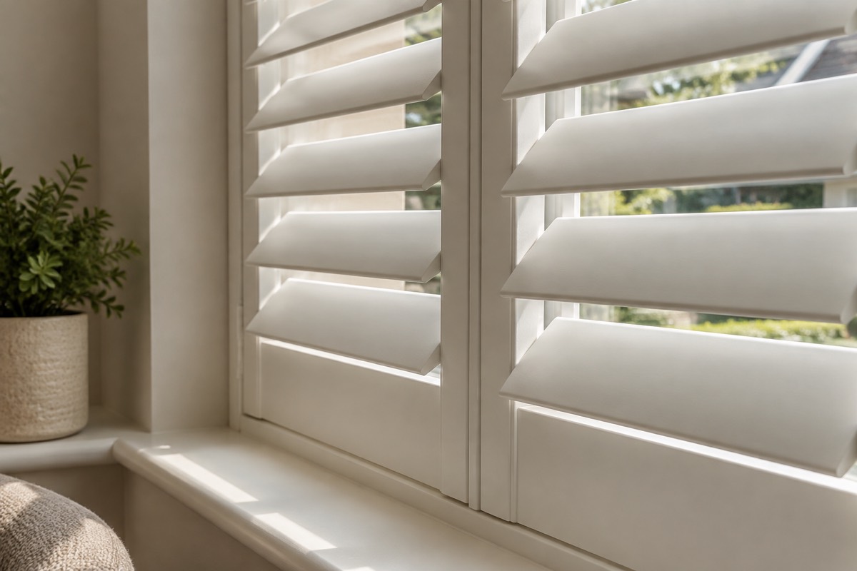 A close view of painted louvres, tilted open